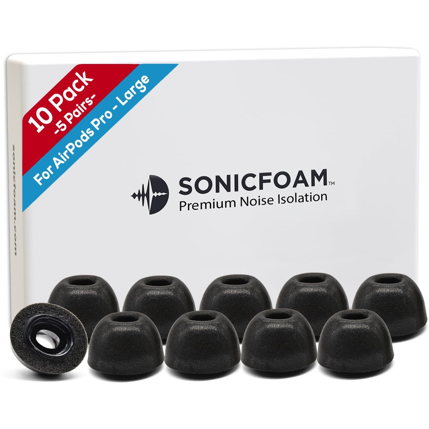 Sonicfoam Memory Foam Earbud Tips - Premium Noise Isolation, Replacement Foam Ear Tips, 10 Pack For Airpods Pro (Sfair Large, Black)