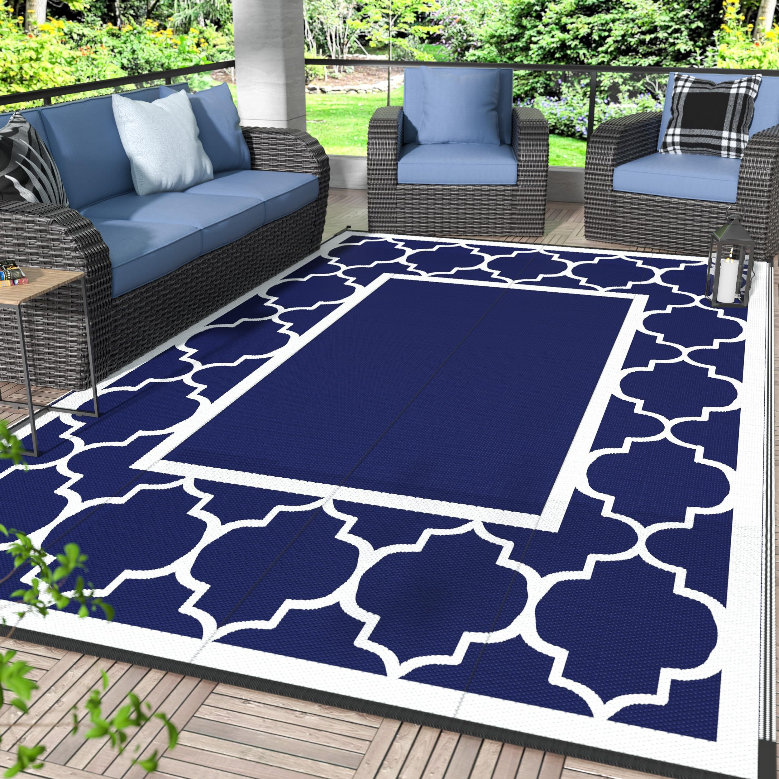 Genimo 9'X12' Outdoor Rug For Patio,Reversible Plastic Waterproof Rugs,Clearance Mat,Rv,Camping,Deck,Porch,Camper,Balcony,Blue & White