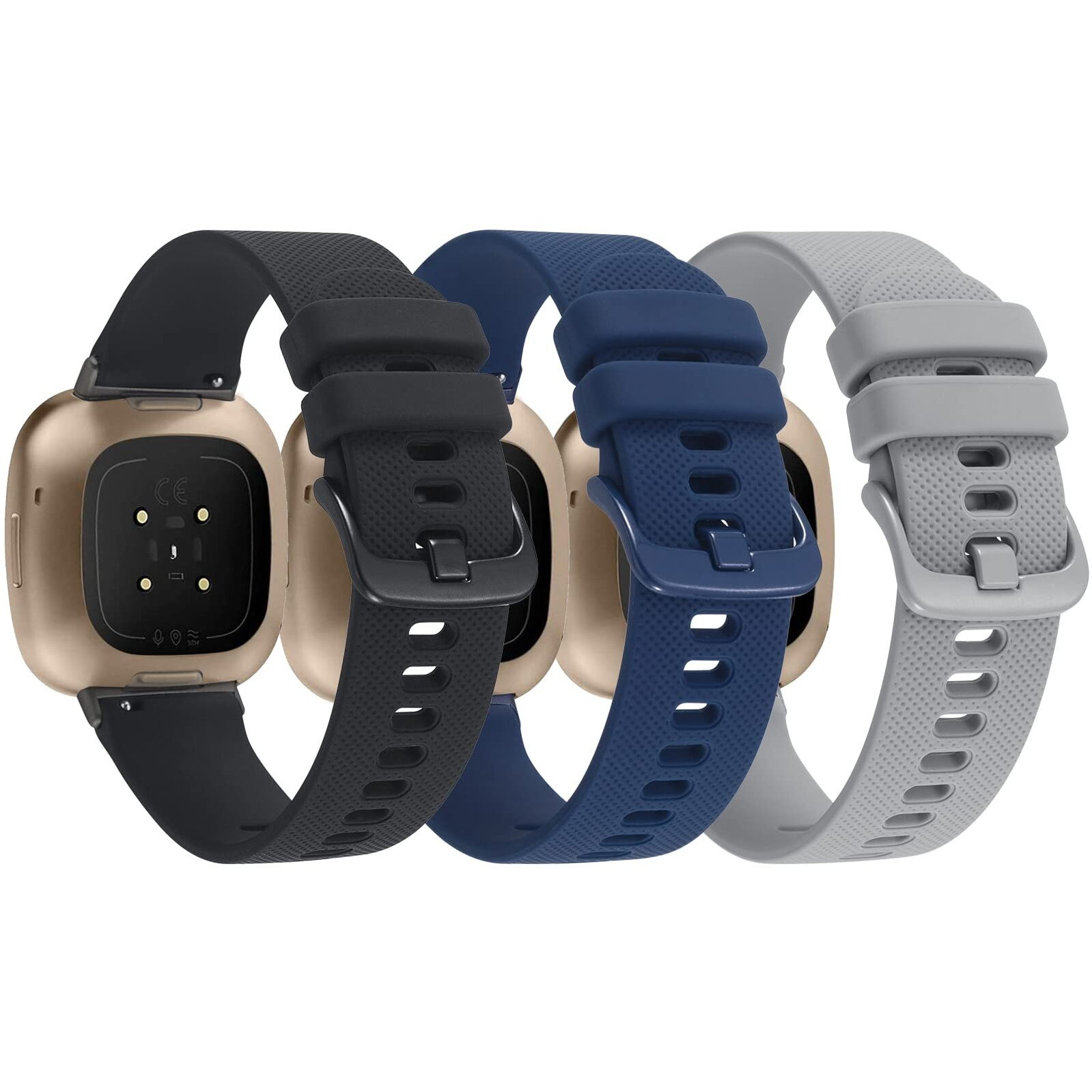 3-Pack Sport Bands Compatible With Fitbit Versa 4/Versa 3/Sense 2/Sense Band, Classic Soft Silicone Replacement Wristband Strap Accessories For Women Men(Black/Midnight Blue/Gray)