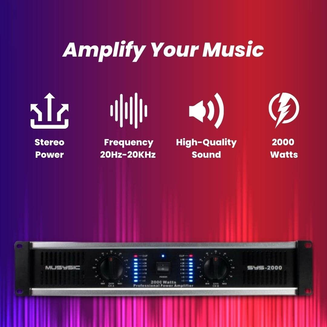 Musysic Sys-2000 High Power Amplifier - Dual Channel 2000 Watts Peak Output For Distortion Free And Clear Sound 2U Chassis Professional Power Amplifier With Atr Technology Xlr 1/4Inch Input For Speakers