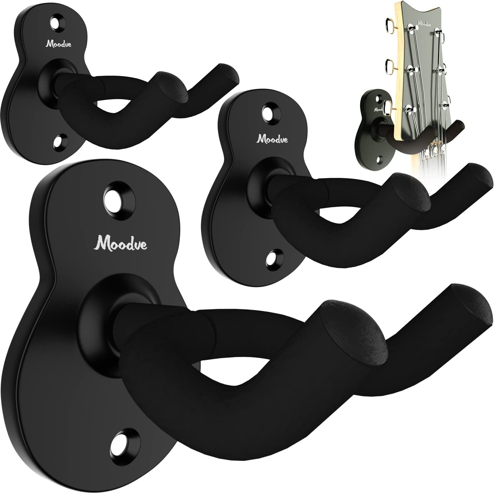 Guitar Wall Mount Hanger 4-Pack, Moodve Metal Guitar Hanger, Guitar-Shaped Guitar Wall Hanger, Black Guitar Holder Stand For Bass Electric Acoustic Guitar Ukulele (Guitar Shape)