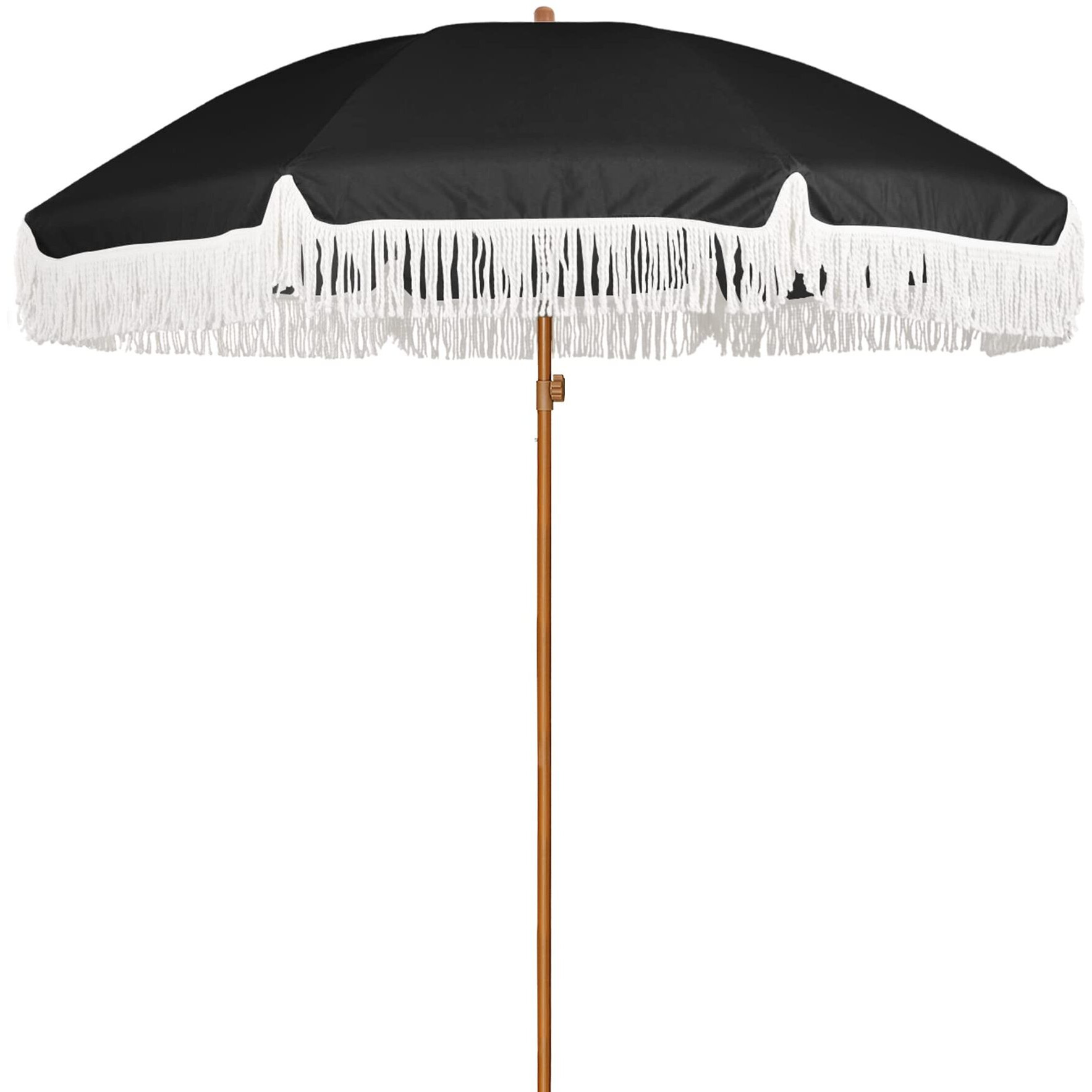 Ammsun 7Ft Patio Umbrella With Fringe Outdoor Tassel Umbrella Upf50+ Premium Steel Pole And Steel Ribs Push Button Tilt,Black