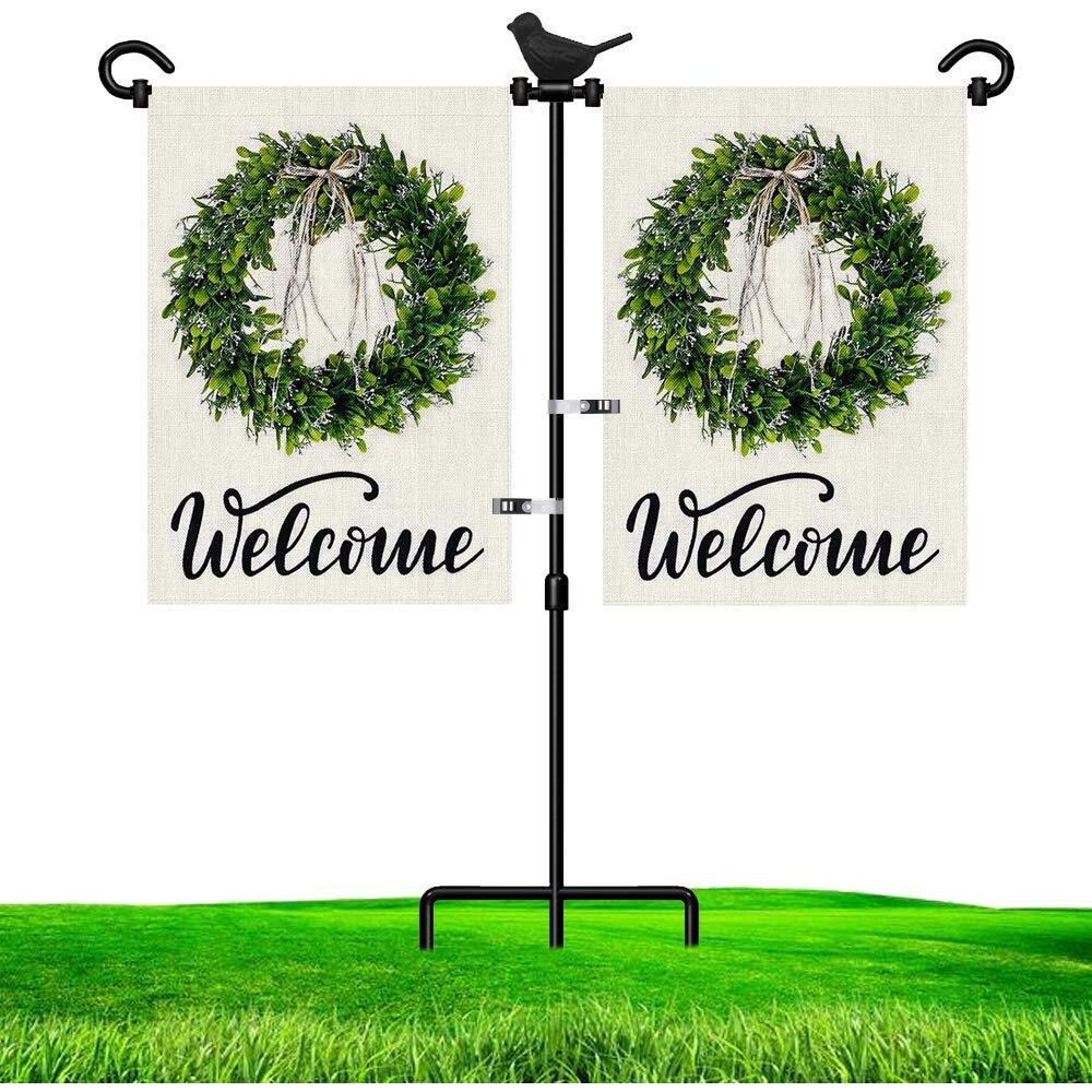 Lairies Garden Flag Stand Holder For Double Flags With Bird Garden Flag Stopper And Anti-Wind Clip 37H X 30W Black Wrought Iron Yard Season Flag Pole For 2 Flags Outdoor