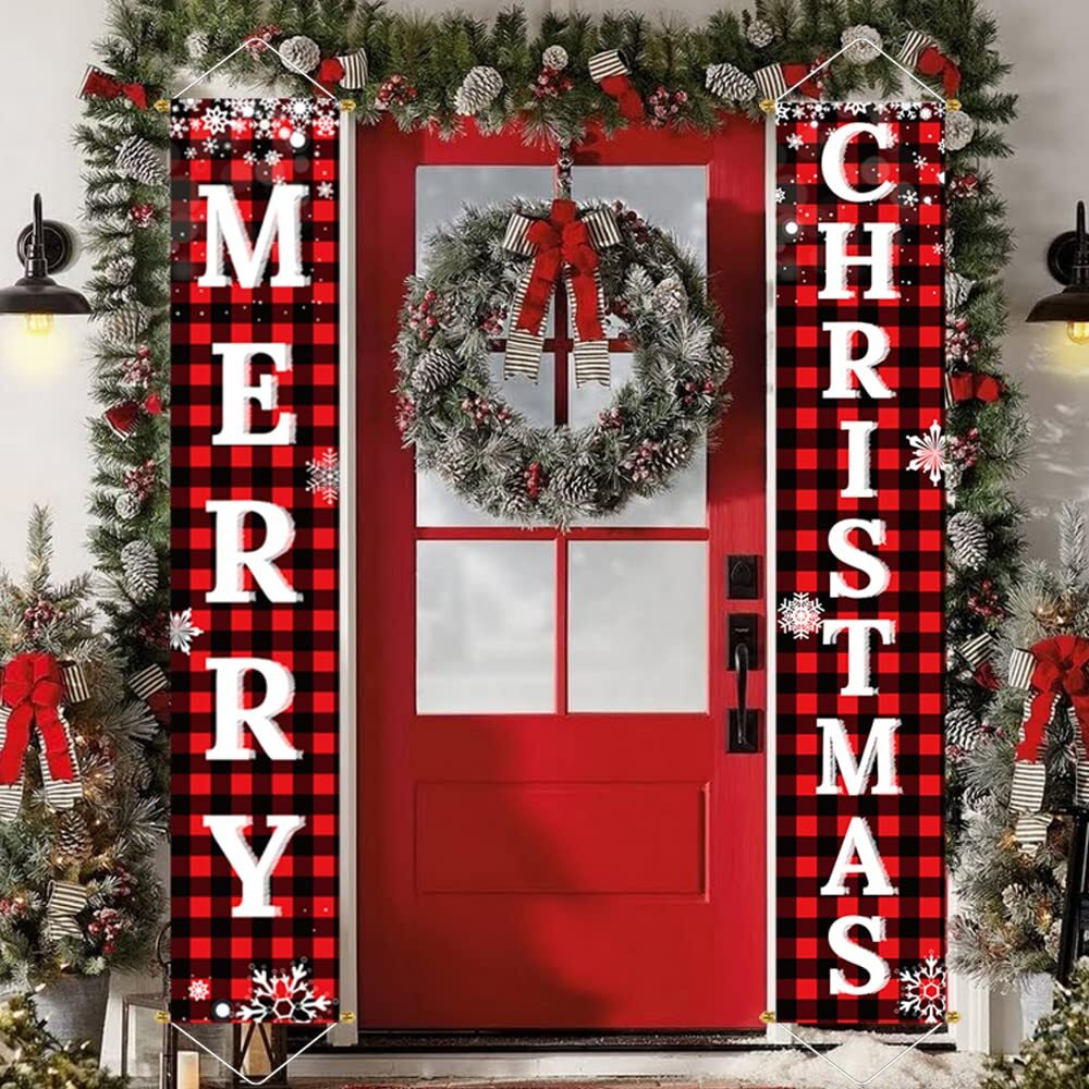 Ivenf Christmas Decorations Outdoor Yard Front Porch Sign Set, Red Black Buffalo Plaid Door Banner, Hanging Merry Christmas Decorations For Home, Indoor Outdoor Xmas Decor Wall Front Door Yard Garage