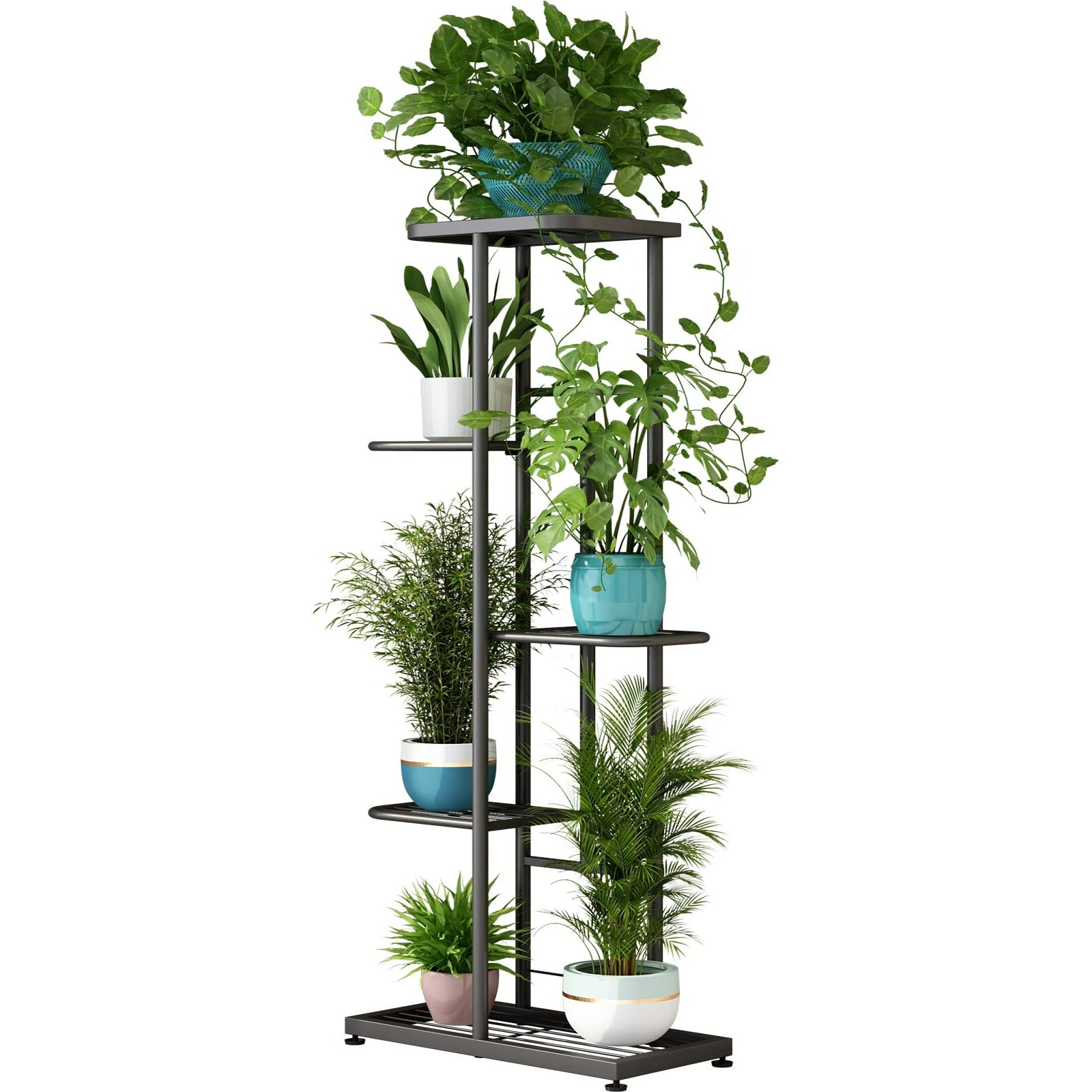 Linzinar Plant Stand Metal 5 Tier 6 Potted Multiple Flower Pot Holder Shelf Indoor Outdoor Planter Display Shelving Unit For Patio Garden Corner Balcony Living Room (5 Tier 6 Potted, Dark Grey)