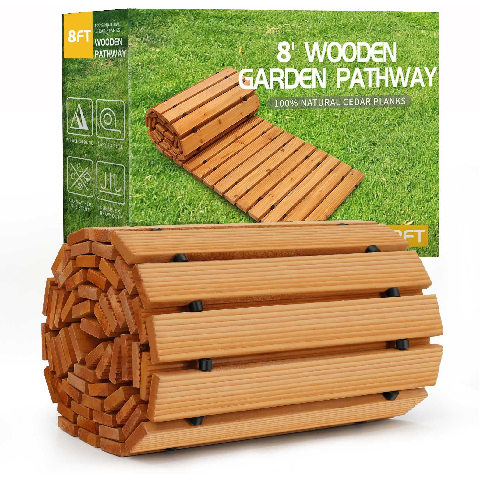 Reliancer Wooden Garden Pathway,Outdoor Roll Out Cedar Straight Walkway,Patio Path Decorative Garden Boardwalk Walkways,Weather-Resistant Roll Up Beach Wood Road Floor,Wedding Party Pathways (8')
