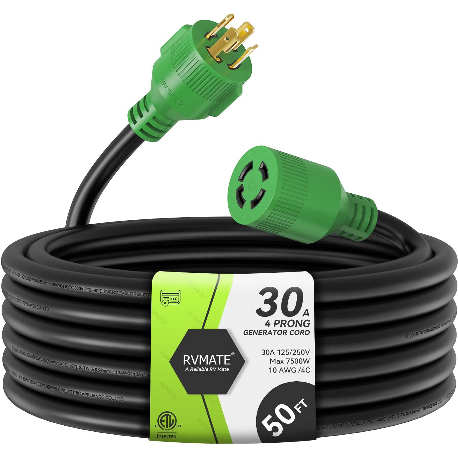 Rvmate 30 Amp Generator Cord 4 Prong 50 Feet, Nema L14-30P/L14-30R, 125/250V Up To 7500W 10 Gauge Sjtw Generator Extension Cord, Etl Listed