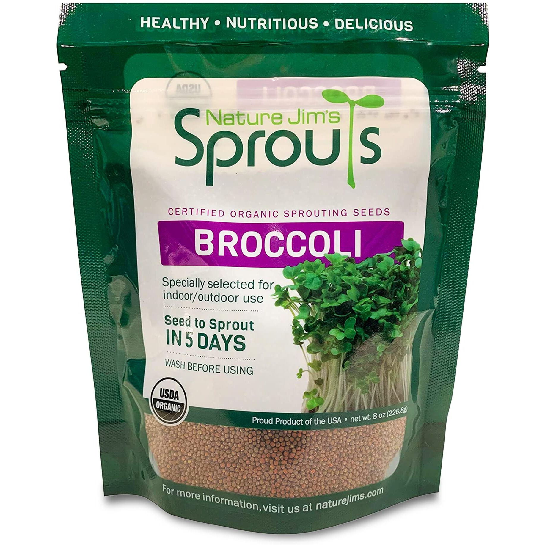 Nature Jims Sprouts Broccoli Sprout Seeds - Certified Organic For Indoor/Outdoor Use - Rich In Sulforaphane Healthy, Nutritious Broccoli Seeds Sprout In 5 Days - 8Oz