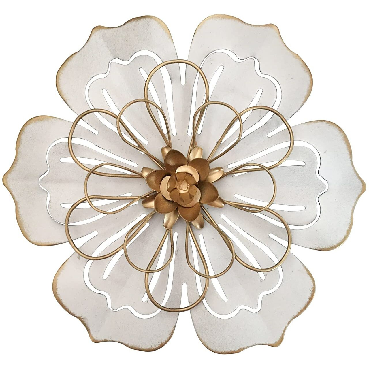 Metal Flower Wall Art Decor, 8.3" Rustic Modern Floral Sculpture, Distressed Iron Wall Hanging Home Decoration Accent Artworks For Indoor Kitchen Bedroom Living Room Office Outdoor Garden Patio - 06 White Gold