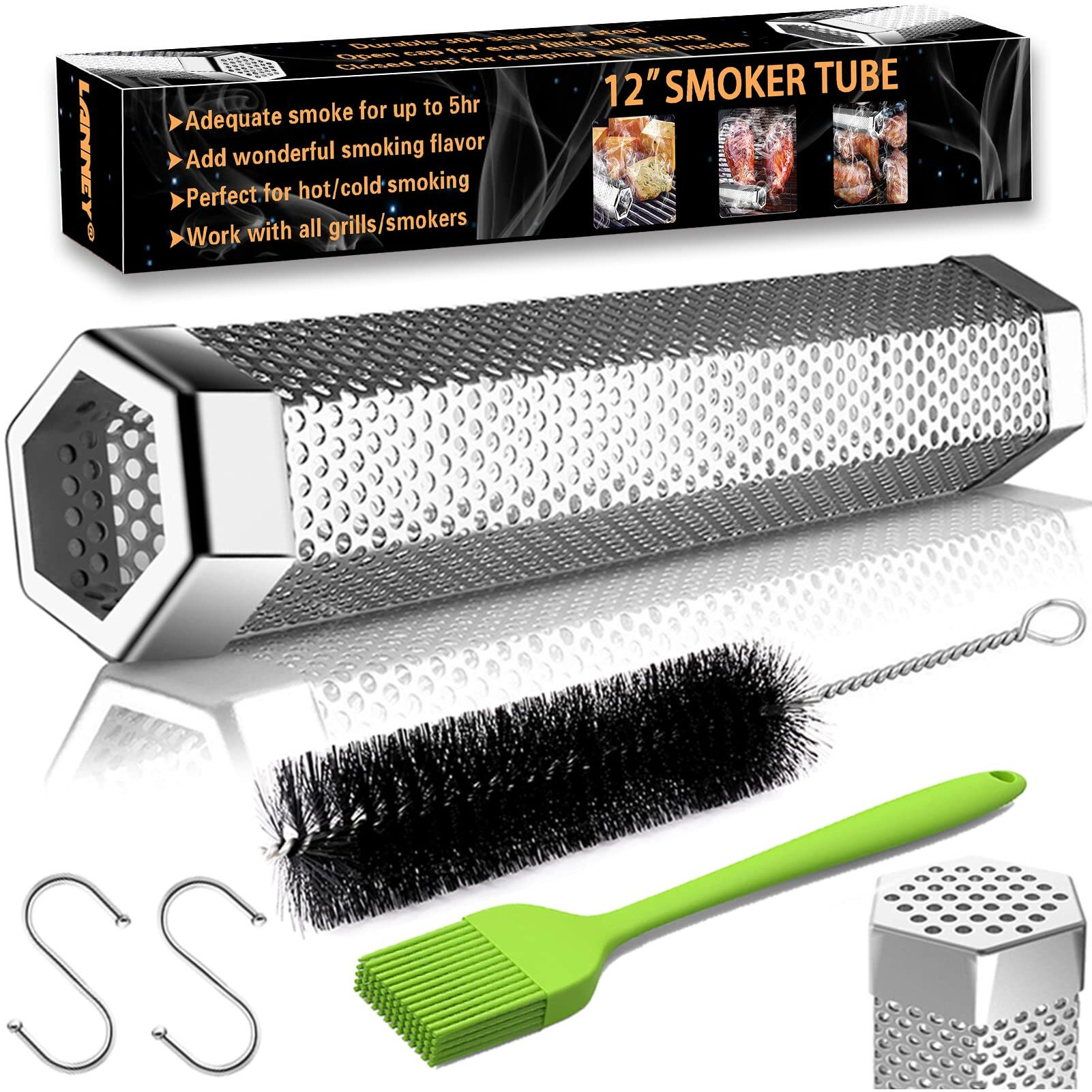 Smoke Tube For Pellet Smoker, 12'' Smoker Tube For Pellet Grill - Hot Or Cold Smoker Accessories For Electric Gas Charcoal Grilling, Premium Stainless Steel Portable Barbecue Smoking Tube, Bonus Brush