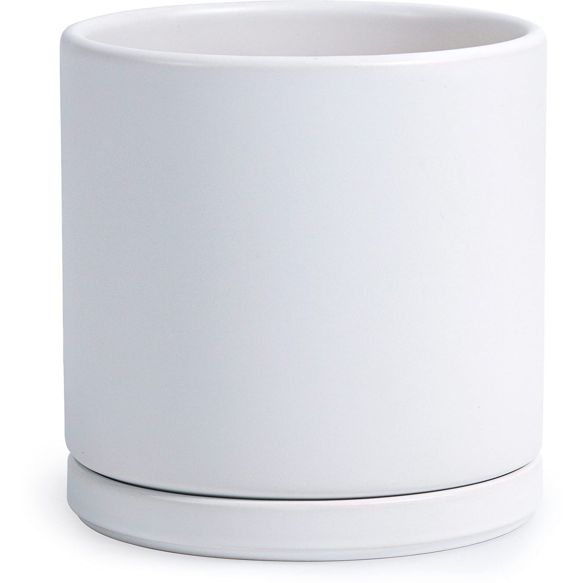 D'Vine Dev 8 Inch Ceramic Planter Pot With Drainage Hole And Saucer, Indoor Cylinder Round Planter Pot, White, 94-O-M-1