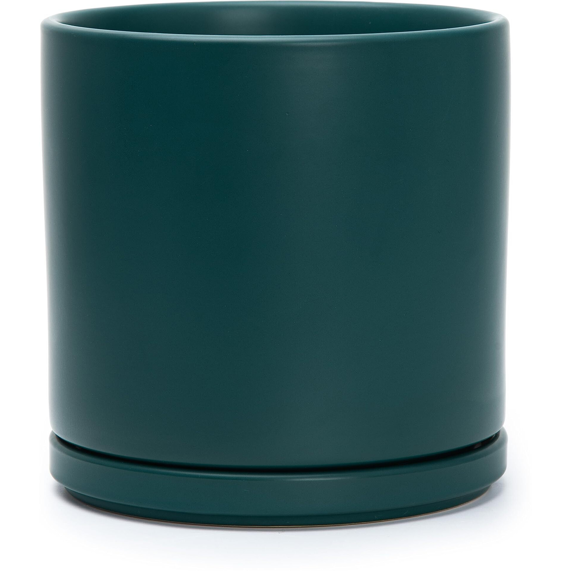 D'Vine Dev 8 Inch Ceramic Planter Pot With Drainage Hole And Saucer, Indoor Cylinder Round Planter Pot, Teal, 94-O-M-9
