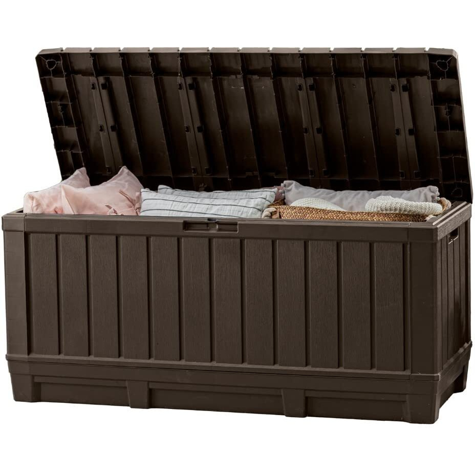 Keter Kentwood 92 Gallon Resin Deck Box-Organization And Storage For Patio Furniture Outdoor Cushions, Throw Pillows, Garden Tools And Pool Toys, Brown