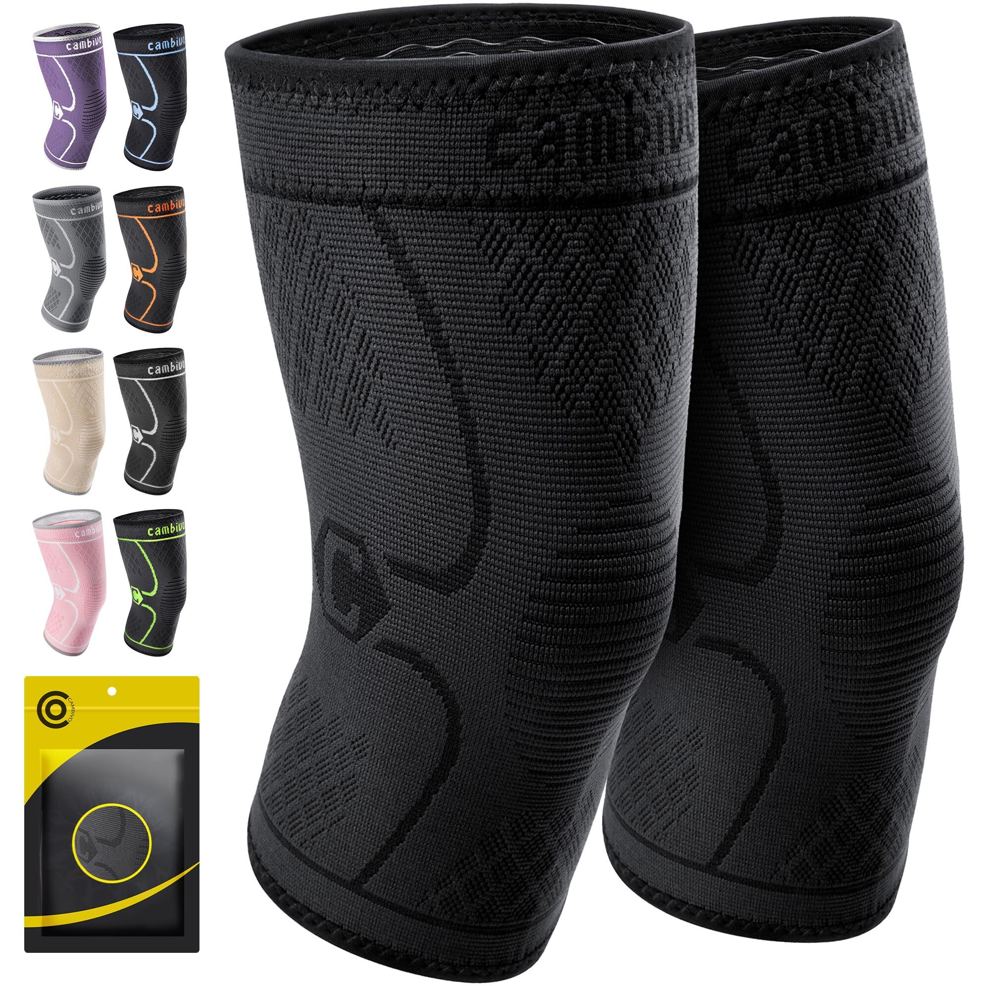 Cambivo 2 Pack Knee Brace, Knee Compression Sleeve For Men And Women, Knee Support For Running, Workout, Gym, Hiking, Sports (Black,Large)