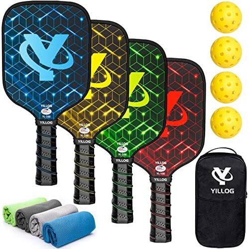 Yillog Pickleball Paddles, Usapa Approved, Set Of 4, Fiberglass Surface Pickleball Set, 4 Pickleball Balls, 4 Cooling Towels, Pickleball Bag, Pickle Ball Paddle For Men Women