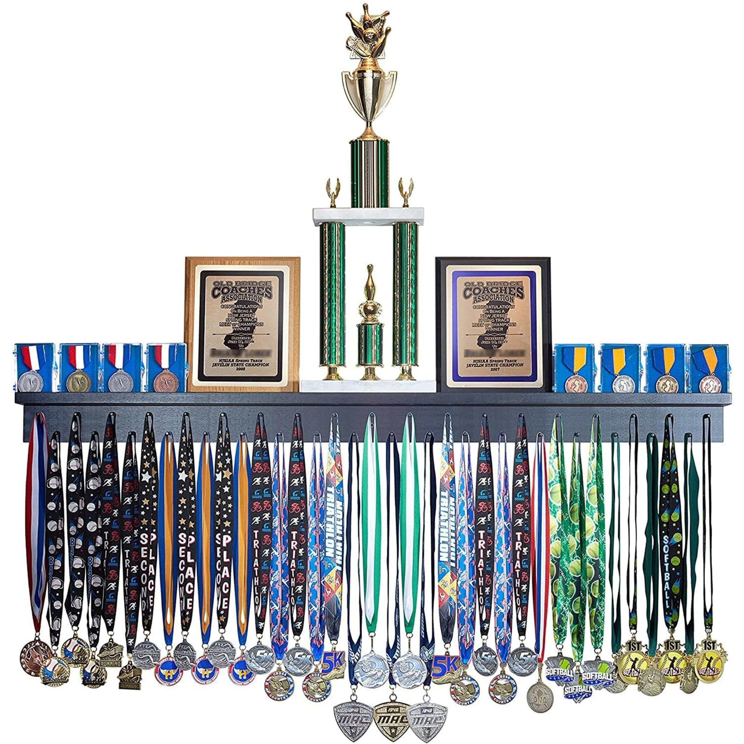 4Ft- Medal Awards Rack Premier Medal Hanger Display Rack And Trophy Shelf For Gymnastics, Soccer, Basketball, Football, And More. The Largest Medal And Award Display- 48- (Black)