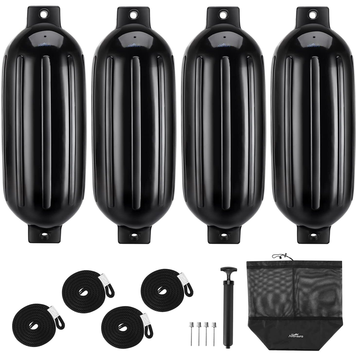 Affordura Boat Fender 4 Pack Boat Bumpers Fenders With 4 Ropes, Boat Bumpers For Pontoon Boat Fenders Inflatable (Black, 5.5 Inch)