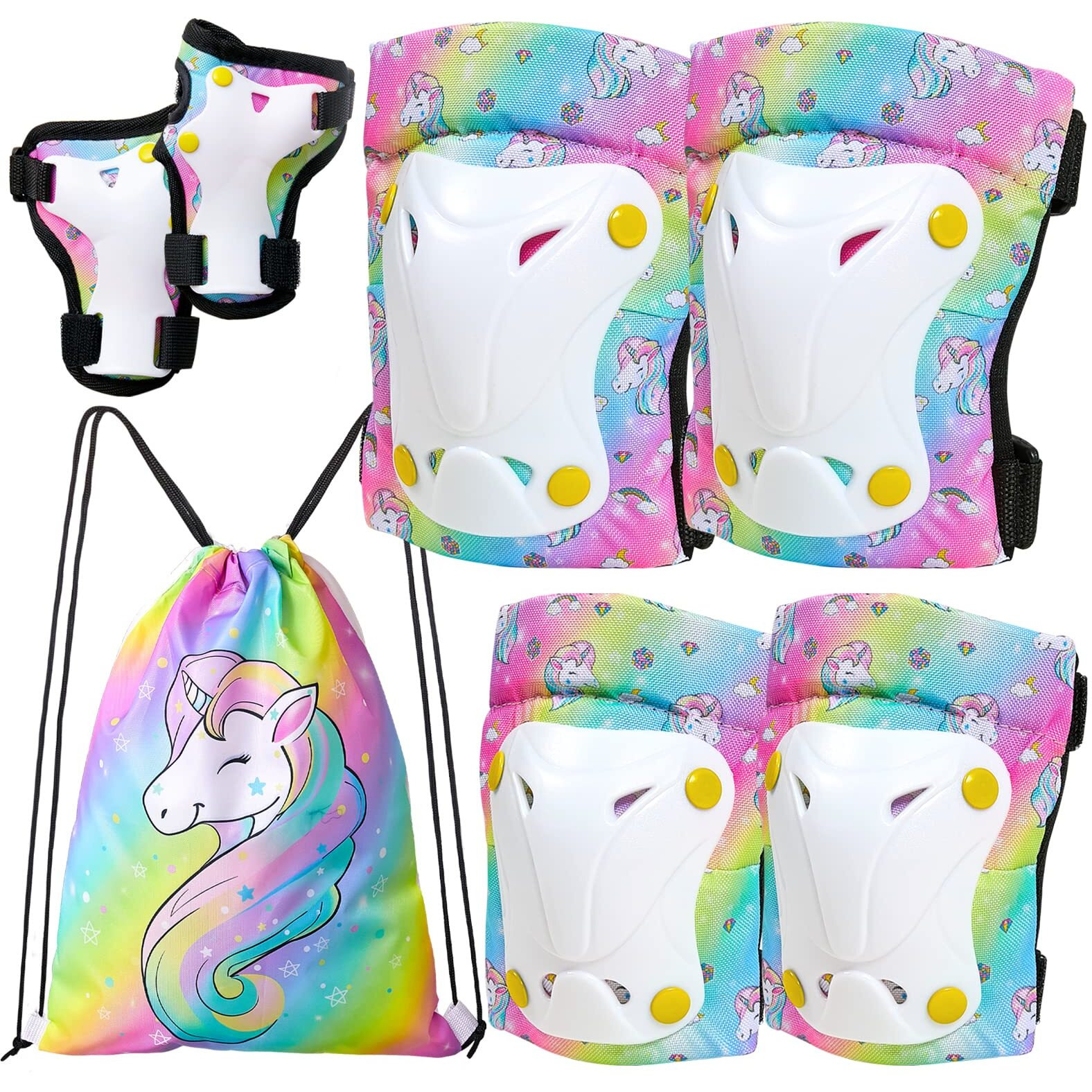 Fioday Knee Pads For Kids Unicorn Knee Elbow Pads Wrist Guards With Drawstring Bag Adjustable Protective Gear Set For Girls Boys Inline Skating Bike Cycling Skateboard Scooter, 3-8 Years, Rainbow