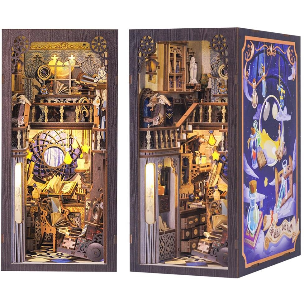 Cutebee Diy Book Nook Kit With Dust Cover, Diy Dollhouse Booknook Bookshelf Insert Decor Alley, Bookends Model Build-Creativity Kit With Led Light(Nebula Common Room)