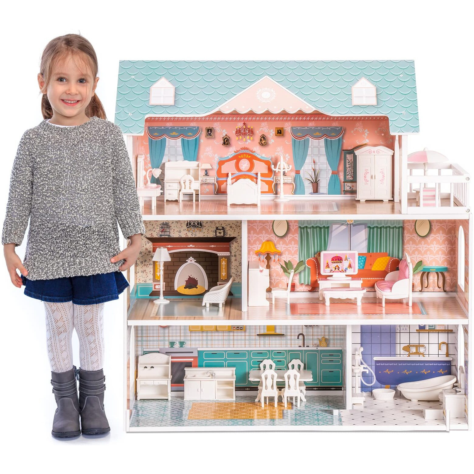 Robud Wooden Dollhouse For Kids Girls, Toy Gift For 3 4 5 6 Years Old, With Furniture
