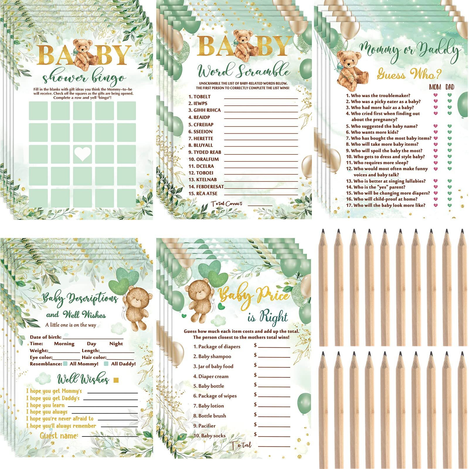Bear Baby Shower Games For Boy Or Girl, 5 Game Activities 125 Pcs Cards Includes Baby Bingo, Description And Well Wishes, Guess Who, Baby Price Is Right, Word Scramble Game(Green)