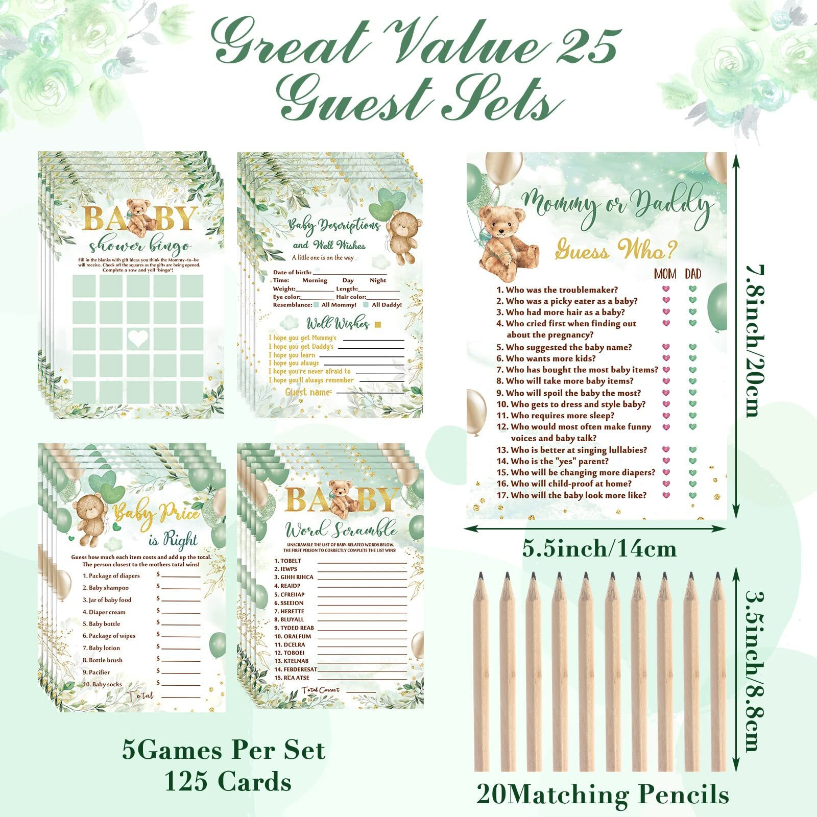 Bear Baby Shower Games For Boy Or Girl, 5 Game Activities 125 Pcs Cards Includes Baby Bingo, Description And Well Wishes, Guess Who, Baby Price Is Right, Word Scramble Game(Green)