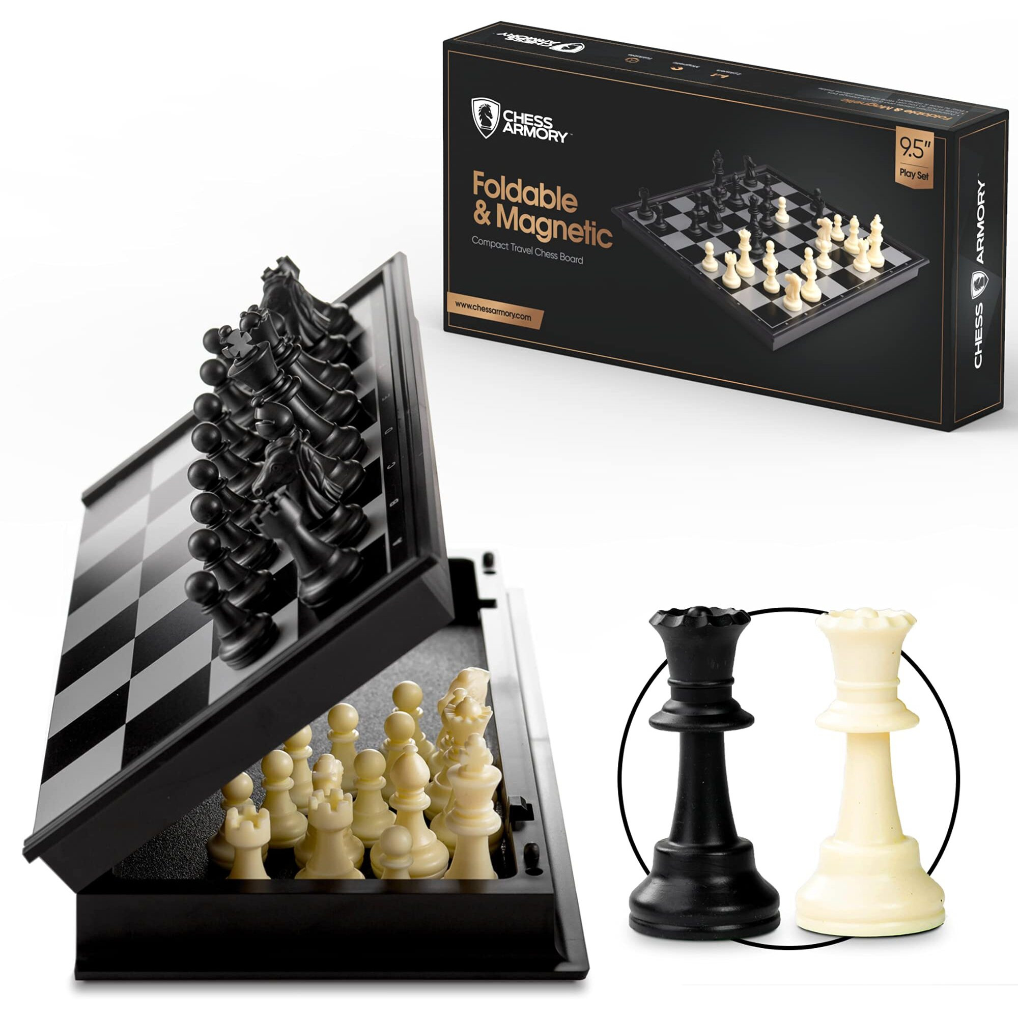 Chess Armory Travel Set 9.5" X 9.5"- Mini For Kids With Folding Magnetic Board Storage Box, & 2 Extra Queen Pieces - Portable Game