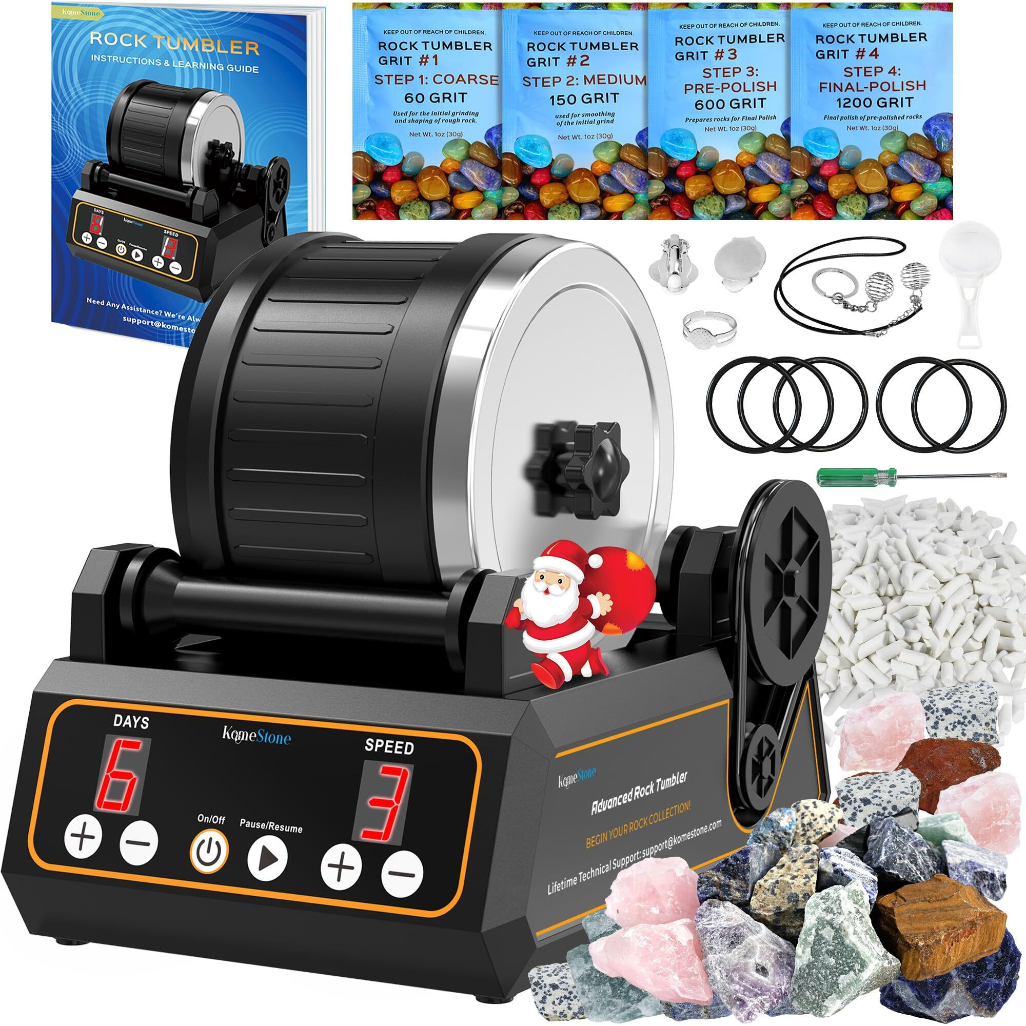 Komestone Rock Tumbler Kit, K1 Professional Large 2.5Lb Capacity Edition - Memory Function, Digital Timer & Variable Speeds Create Stunning Gems Full Accessories Included