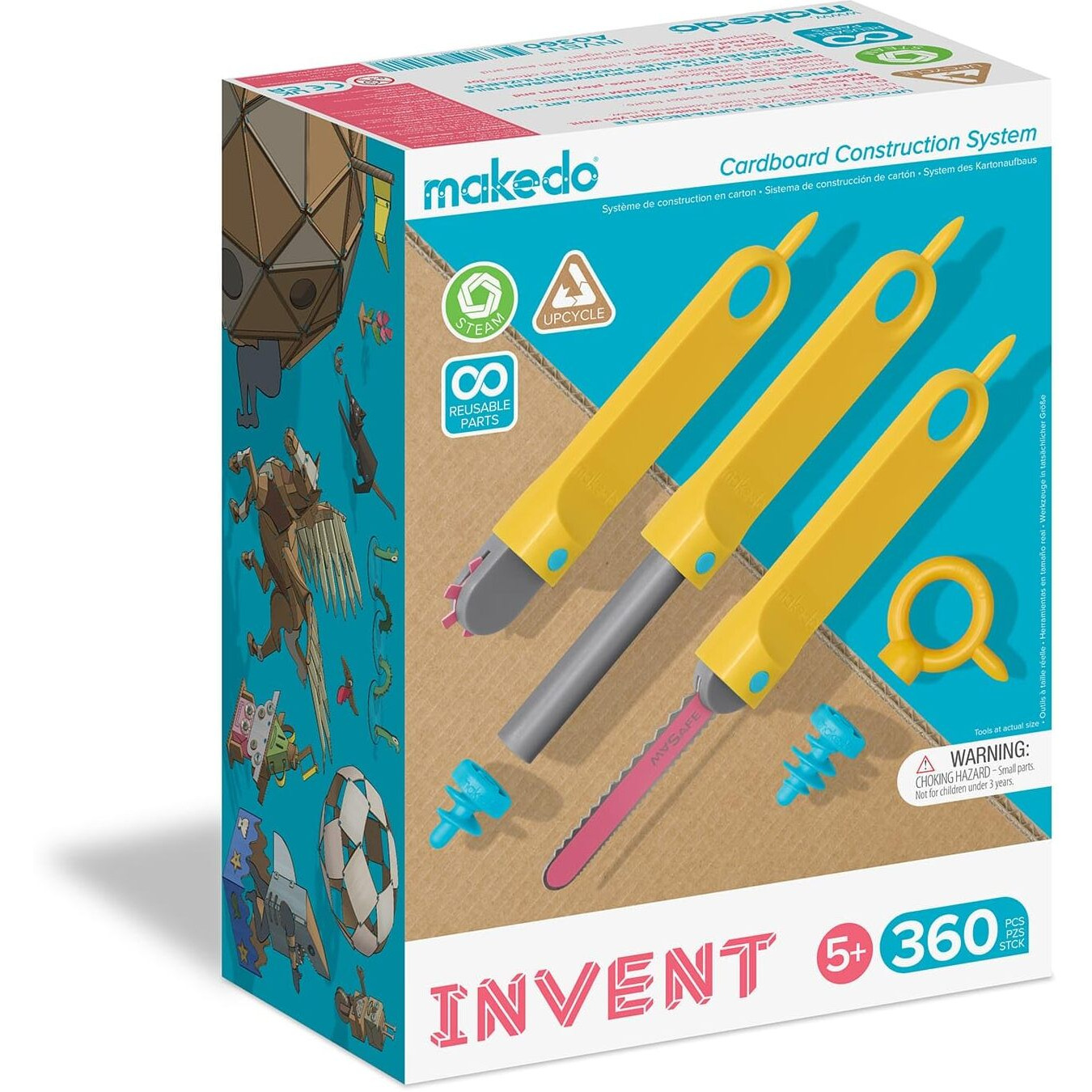 Makedo Invent  Upcycled Cardboard Construction Toolkit In Large Toolbox (360 Pieces)  Stem + Steam Educational Toys For At Home Play + Classroom Learning  Reusable Tools For Boys And Girls Age 5+