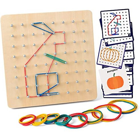 Coogam Wooden Geoboard Mathematical Manipulative Material Array Block Geo Board - Graphical Educational Toys With 30Pcs Pattern Cards And Latex Bands Shape Stem Puzzle Matrix 8X8 Brain Teaser For Kid