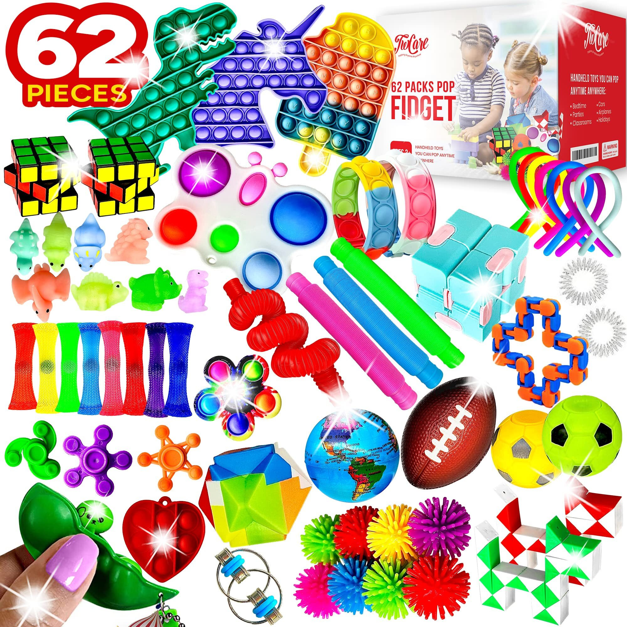 62 Pack Fidget Toys Set, Sensory Party Favors Gifts For Kids Adults Autism Stress Relief Stocking Stuffers Pop It Autistic Bulk Boys Girls Goodie Bags Pinata Fillers Treasure Box Classroom Prizes