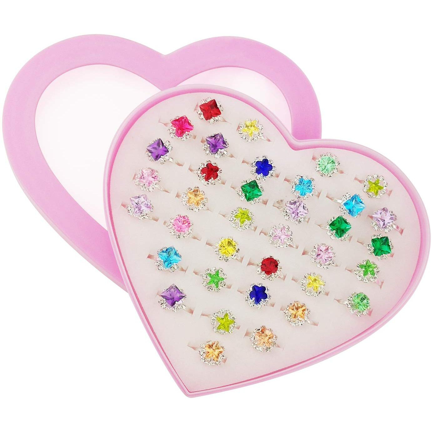 Sunmall 36 Pcs Little Girl Adjustable Rhinestone Gem Rings In Box, Children Kids Jewelry Rings Set With Heart Shape Display Case, Girl Pretend Play And Dress Up Rings For Kids