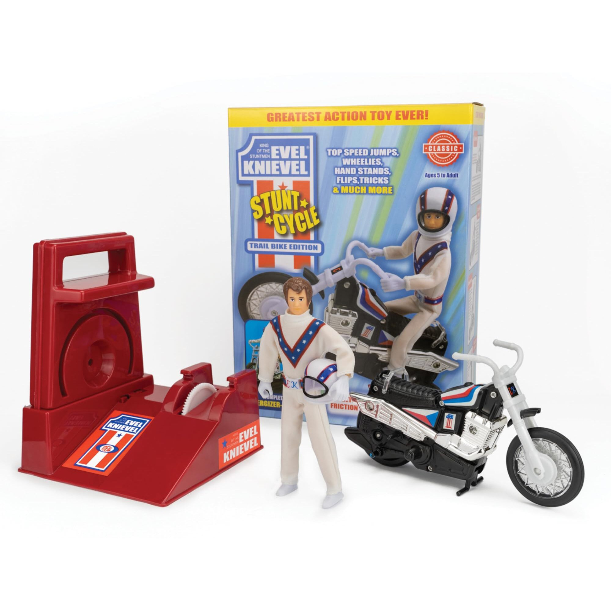 Evel Knievel Stunt Cycle - The Amazing Wind Up And Go Action Toy Launcher For Ultimate Jumps, Crashes, Flips And More - 8 Inch Bike Jumps Anywhere From 3 To 10 Feet - Original 1970's .