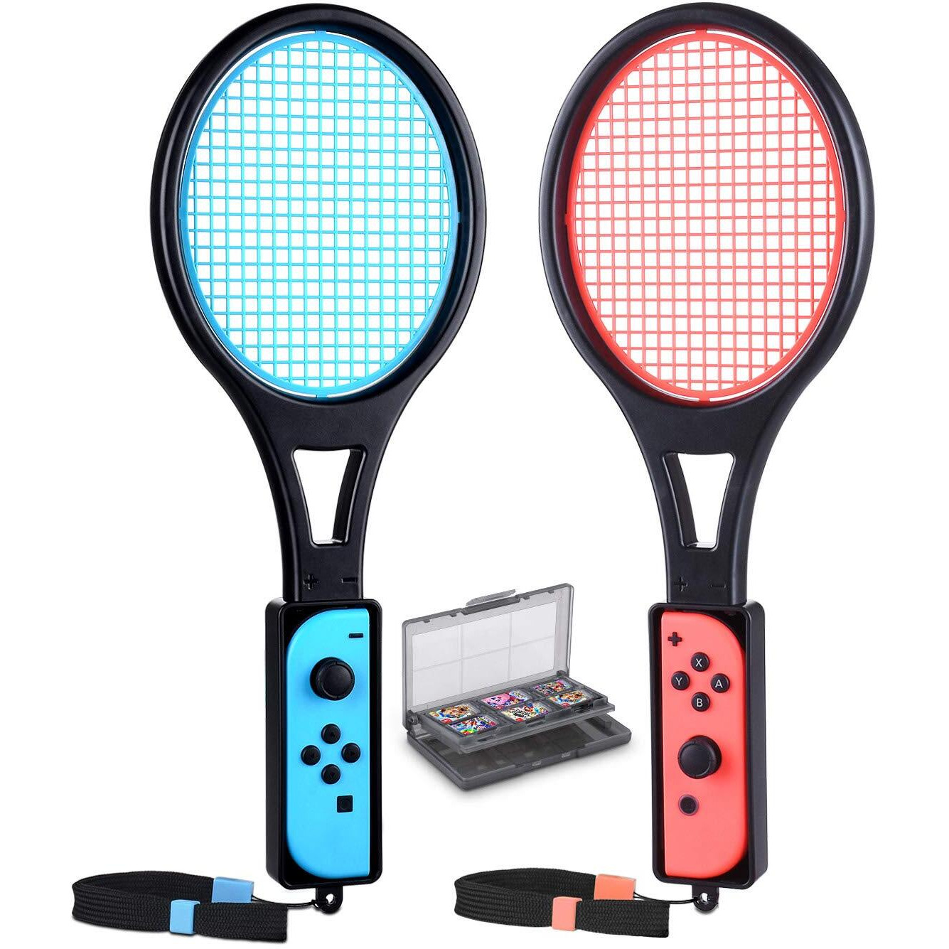 Tennis Racket For Nintendo Switch&Switch Oled Joy-Con, Tendak Grip Sports Game Accessories For Mario Tennis Aces Game With 12 In 1 Game Card Case (2 Pack, Black)