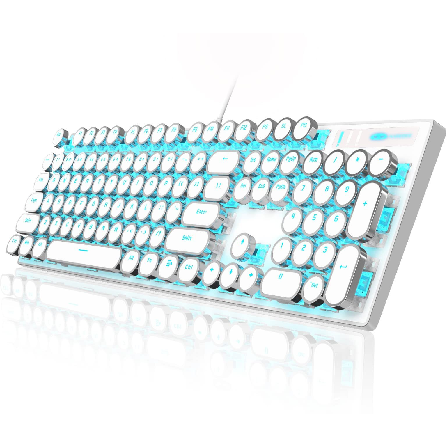 Camiysn Typewriter Style Mechanical Gaming Keyboard, White Retro Punk Gaming Keyboard With Blue Backlit, 104 Keys Blue Switch Wired Cute Keyboard, Round Keycaps For Windows/Mac/Pc