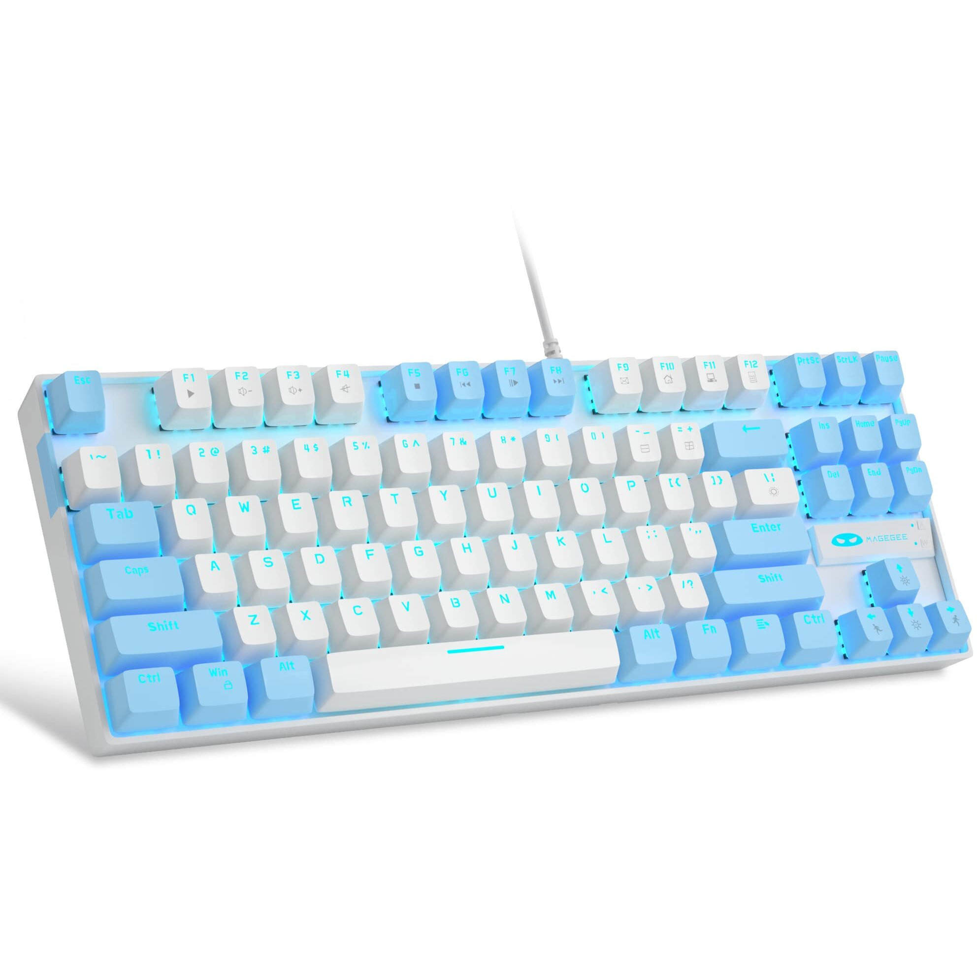 Magegee 75% Mechanical Gaming Keyboard With Red Switch, Led Blue Backlit Keyboard, 87 Keys Compact Tkl Wired Computer Keyboard For Windows Laptop Pc Gamer - White/Blue