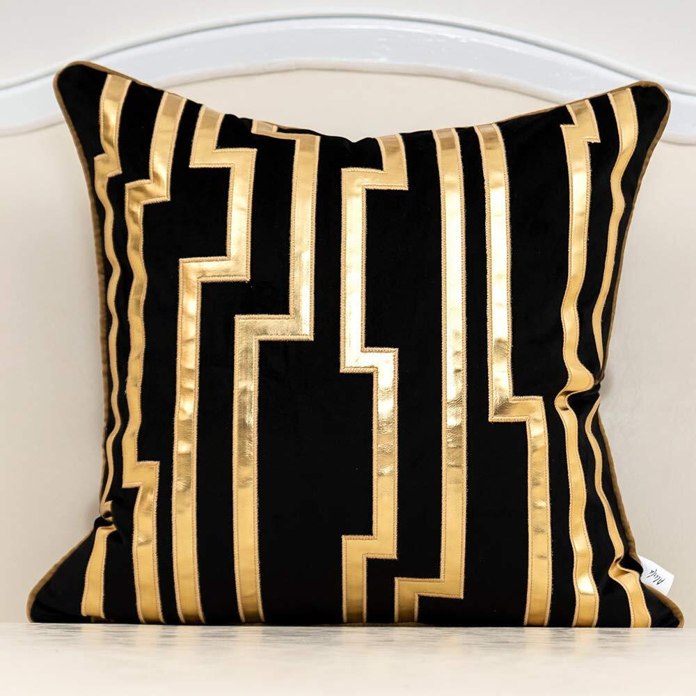 Alerfa 20 X 20 Inches Black Geometric Gold Leather Striped Cushion Cases Luxury European Throw Pillow Covers Decorative Pillows For Couch Living Room Bedroom Car 50 X 50Cm