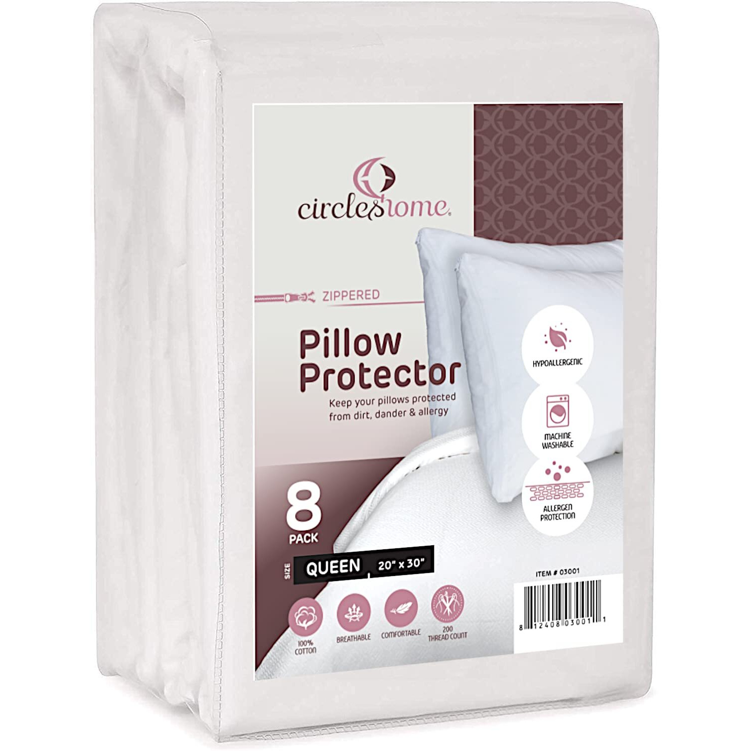 Zippered Pillow Protectors 100% Cotton, Healthy Breathable & Quiet (8 Pack) White Pillow Covers Protects From Dirt, Debris (Queen - Set Of 8-20X30)