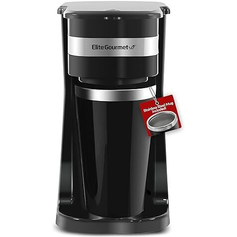 Elite Gourmet Ehc114 Personal Single-Serve Compact Coffee Maker Brewer Includes 14Oz. Thermal Travel Mug With Stainless Steel Interior, Compatible With Coffee Grounds, Reusable Filter, Black