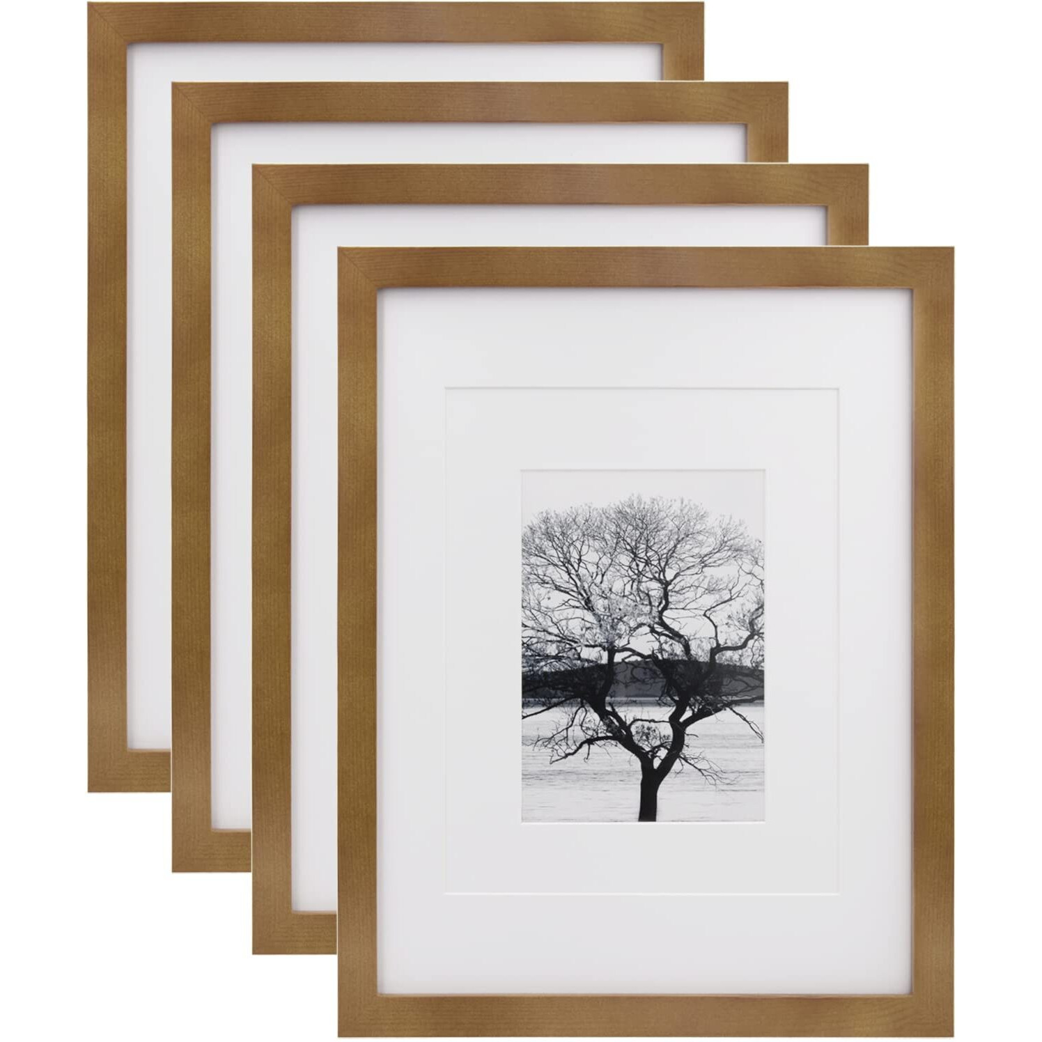 Egofine Picture Frames 4 Pack Display Pictures 5X7/8X10 With Mat Or 11X14 Without Mat Made Of Solid Wood Covered By Plexiglass For Table Top Display And Wall Mounting Photo Frame, Light Brown