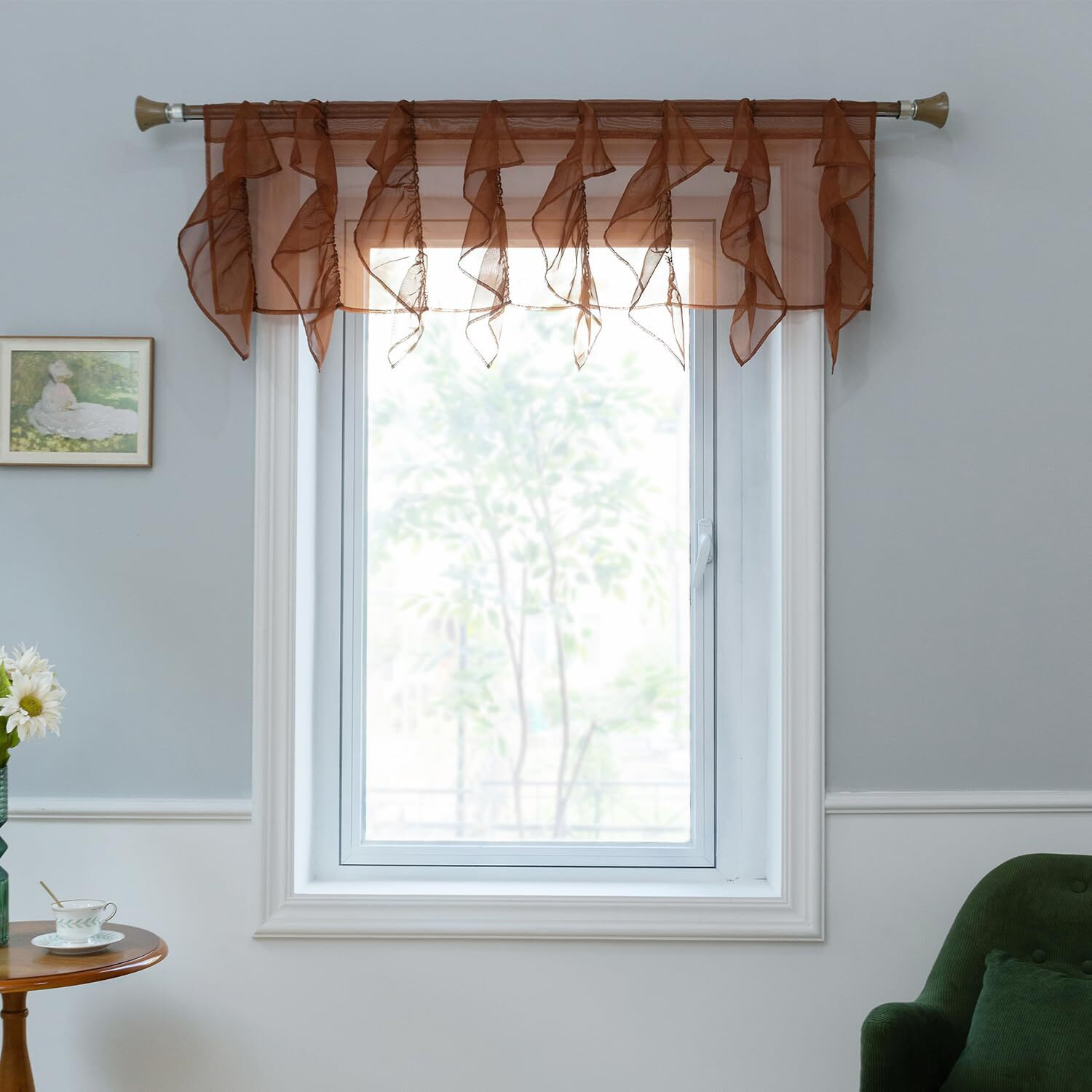 Pearage Ruffled Voile Semi Sheer Curtain Valance, Kitchen Living Room Shabby Chic Ruffle Valance Curtains, Girls Daughters Bedroom Cascade Window Valance Rust Brown 50X16 Inches