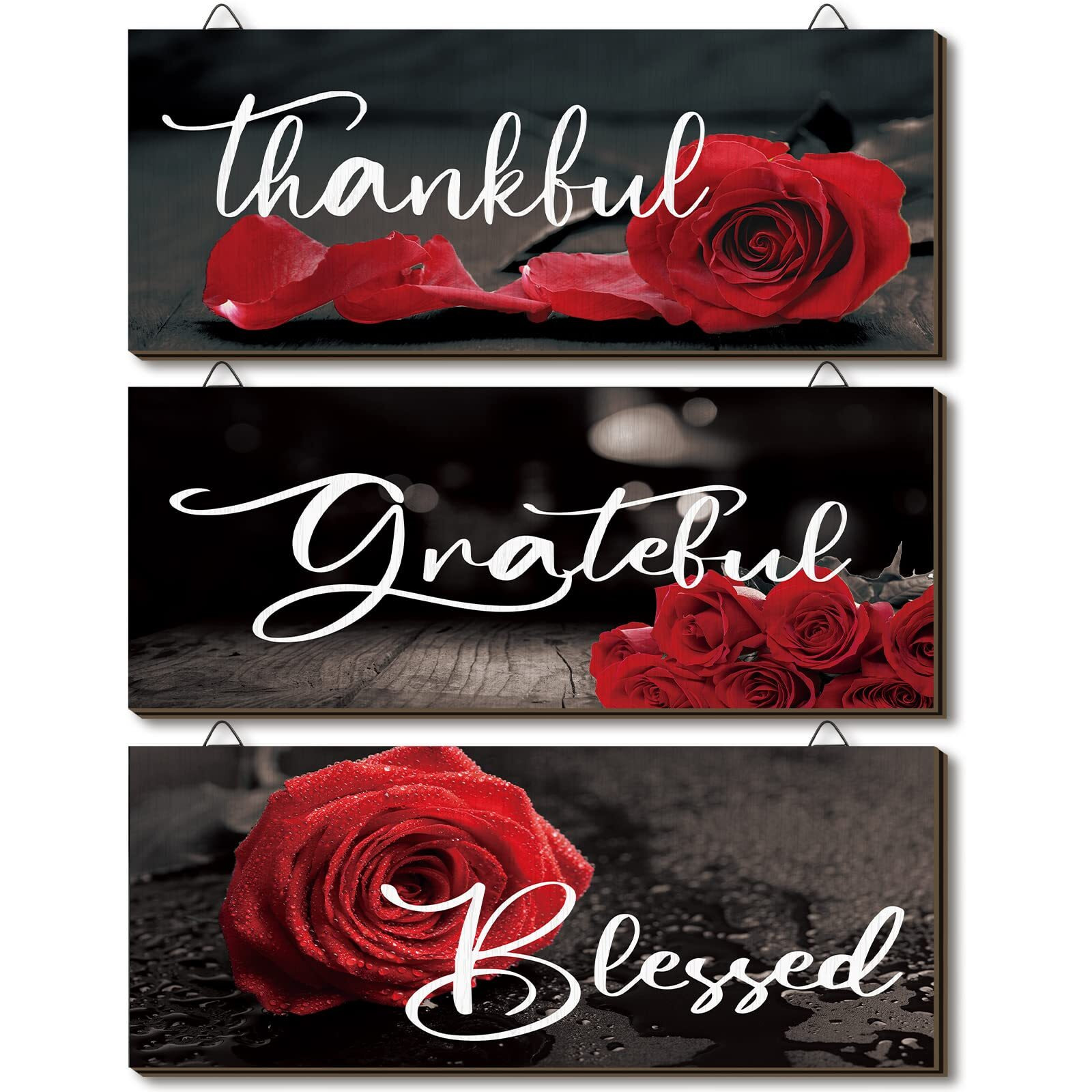 3 Pieces Rose Wooden Wall Decor Thankful Grateful Blessed Wooden Signs Inspirational Wall Art Signs Wedding Wall Decor For Room Kitchen Bathroom (Red, 10 X 4 Inch)