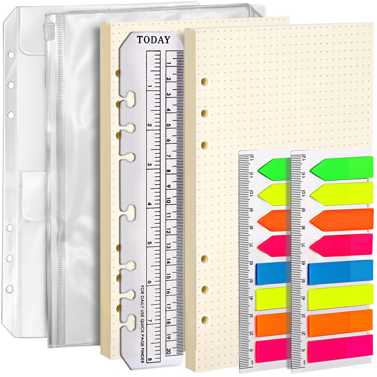 Leobro Refillable A5 Notebook Set, 2 Pack Dotted Filler Paper, 320 Pcs Index Tabs, With Binder Pocket, 3-Pocket Loose-Leaf Bags, Ruler Marker, Paper Refill For 6-Ring A5 Planner