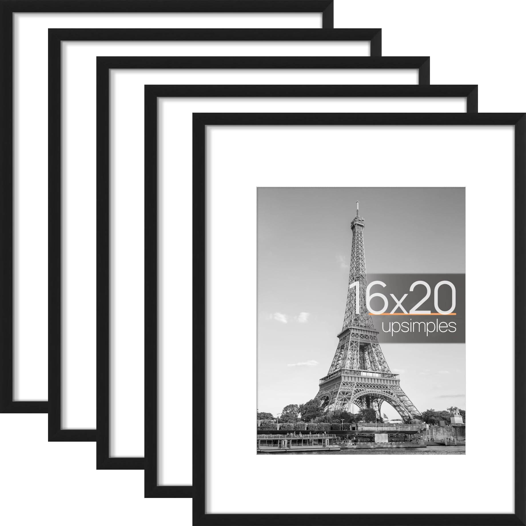 Upsimples 16X20 Picture Frame Set Of 5, Display Pictures 11X14 With Mat Or 16X20 Without Mat, Wall Gallery Poster Frames, Black