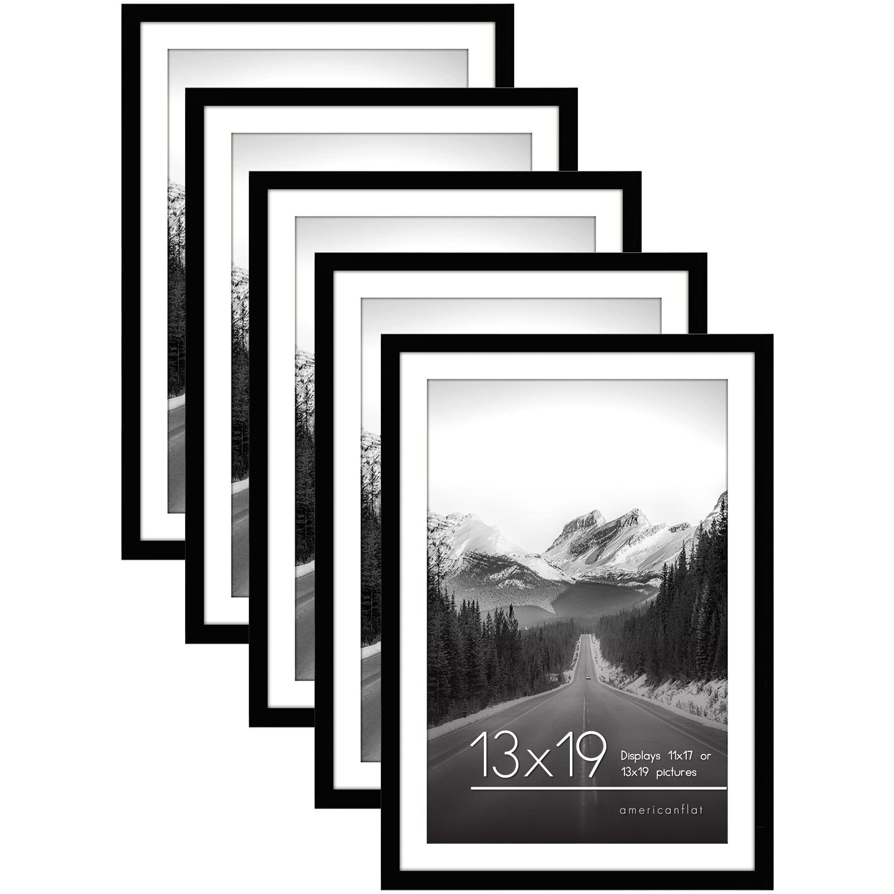 Americanflat 13X19 Picture Frame In Black - Set Of 5 - Use As 11X17 Picture Frame With Mat Or 13X19 Frame Without Mat - Plexiglass Cover, Sawtooth Hanging Hardware For Horizontal Or Vertical Display