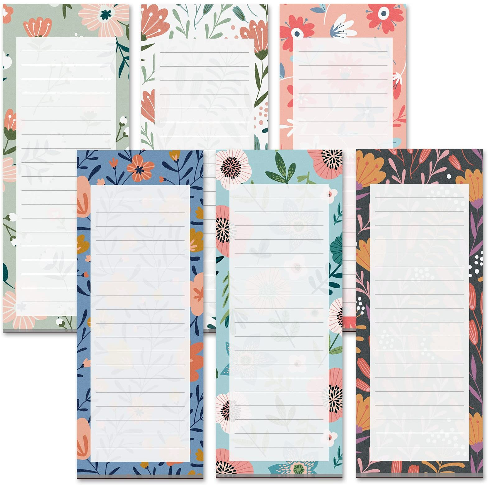 Grocery List Magnet Pad For Fridge, 6-Pack Magnetic Note Pads Lists, 60 Sheets Per Pad, 6 Cute Floral Designs, Full Magnet Back To-Do-List Notepads