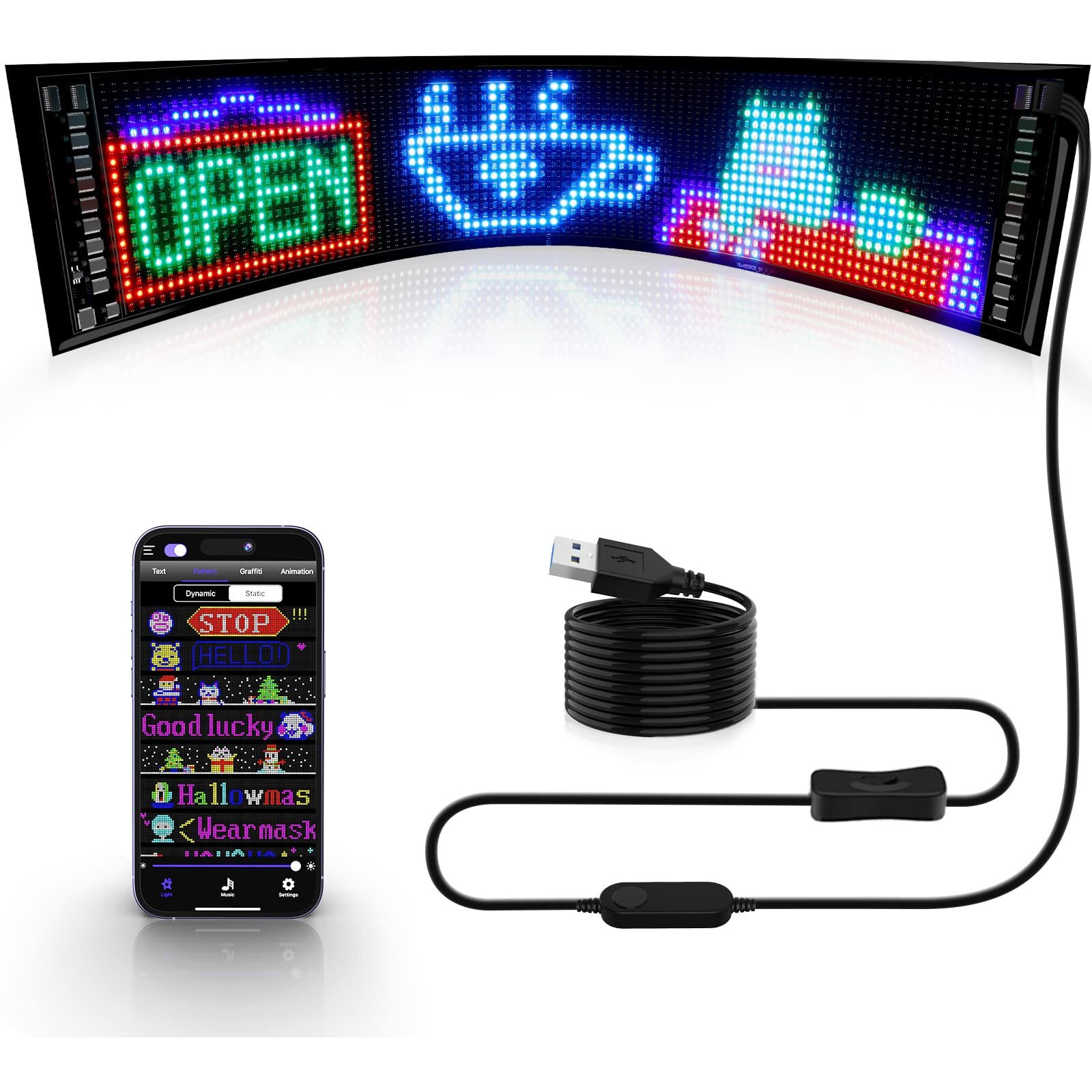 Kjoy Programmable Huge Bright Led Signs, 27''X5'' Scrolling Usb 5V Led Store Sign, Bluetooth App Control Custom Text Pattern Animation, Flexible Led Display For Car Store Party Bar Hotel