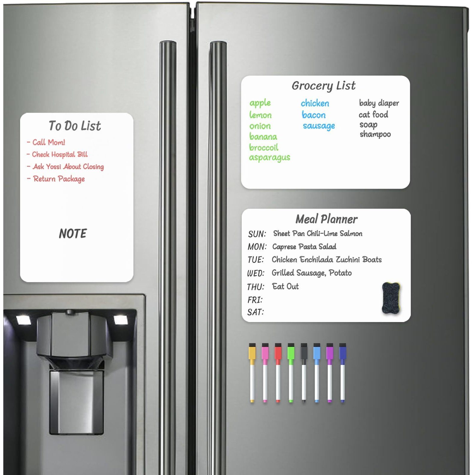 3Pcs Magnetic Whiteboard For Fridge, Homidek Refrigerator Magnetic Dry Erase Board With 8 Markers And 1 Eraser, 3Pcs 12 X 8 Inches