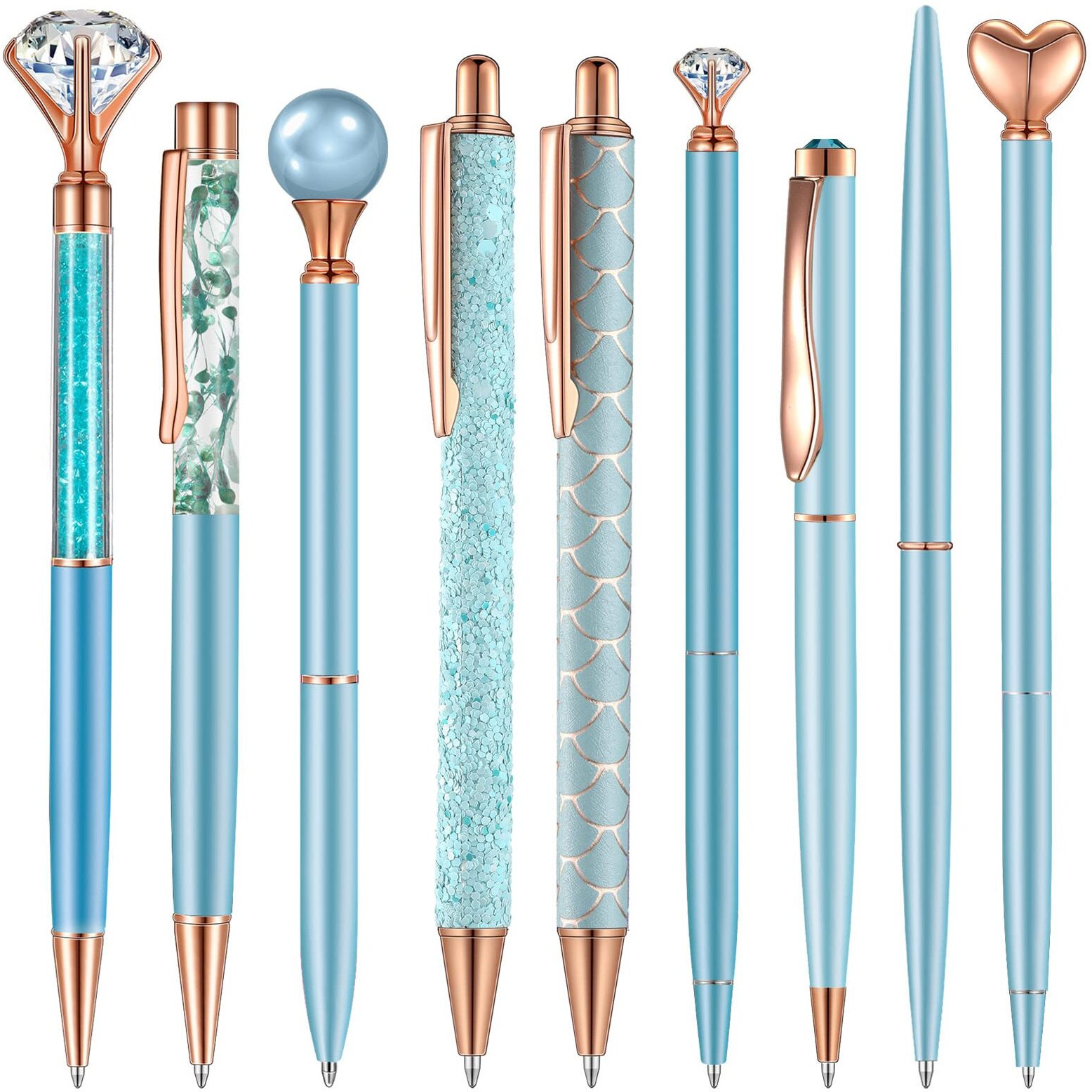 9 Pcs Ballpoint Pens Set Metal Crystal Diamond Pen Glitter Pen For Journaling Black Ink Pretty Cute Pens Fancy Pens Gifts For Women Girls Christmas Birthday School Office Desk (Blue)