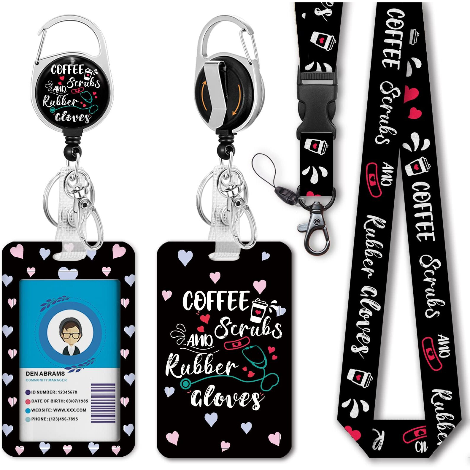 Funny Nurse Id Badge Holder With Lanyard, Coffee Scrubs And Rubber Gloves Badge Reel Retractable With 360 Degrees Rotate Carabiner Clip Heavy Duty, Cute Id Holder Id Clip Name Badge Clip Keychain